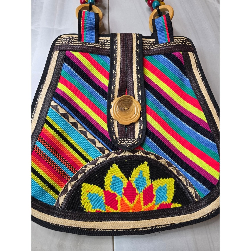 Boho Woven Straw Striped Tote Bag Multi Color Embroidered Floral Wooden F1 - Picture 4 of 16